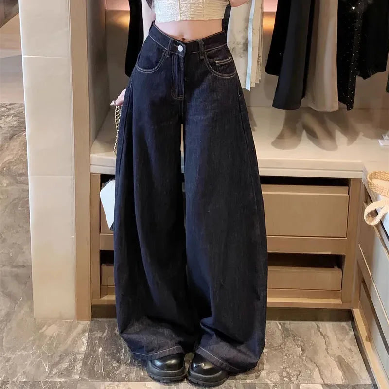 Lucyever Vintage Washed Wide Leg Jeans Women Deep Blue High Waist Baggy Y2K Denim Pants Lady Streetwear Casual Straight Trousers