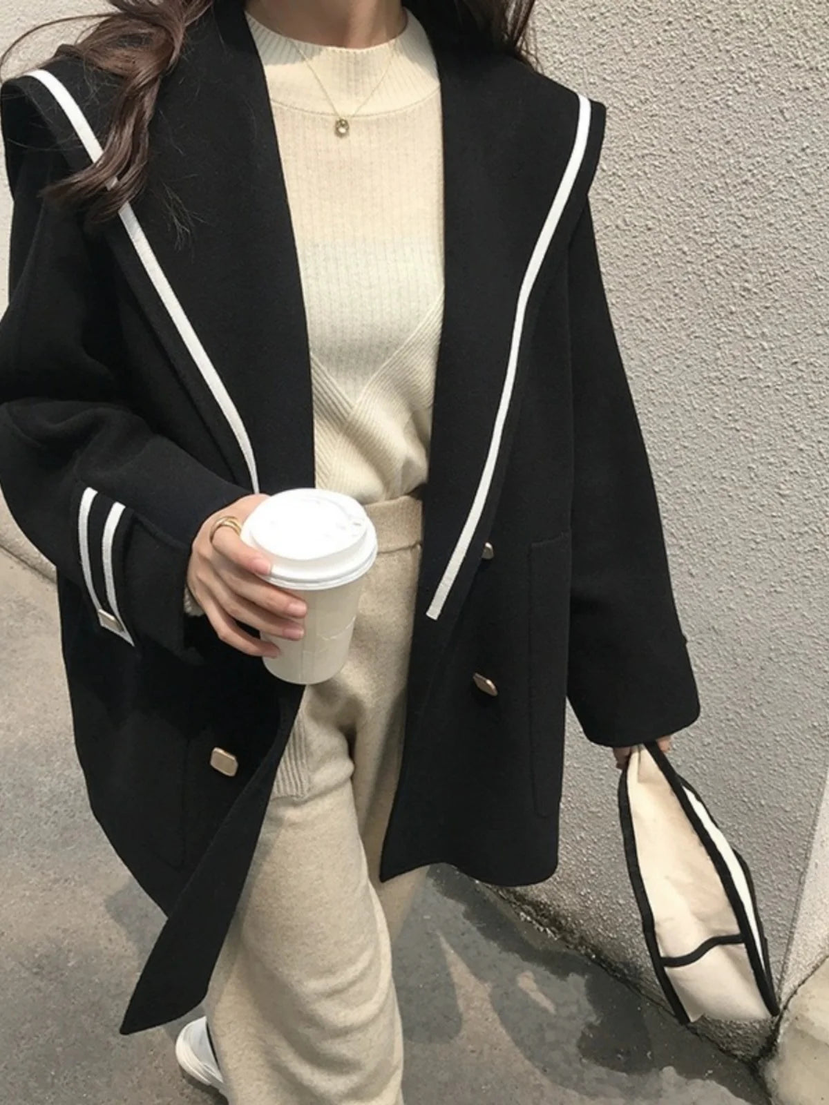 Japanese Sle Small Size Woolen Coat Women Winter Faion Anti-Aging Navy Collar Fake Camere Loose Knitwear Top