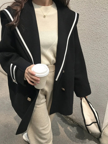 Japanese Sle Small Size Woolen Coat Women Winter Faion Anti-Aging Navy Collar Fake Camere Loose Knitwear Top