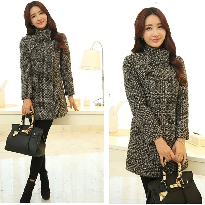 2025 Autumn/Winter New Stand collar Woolen Jacket Women's Fashion Slim Long sleeved Coat Double breasted Female Casual Overcoat