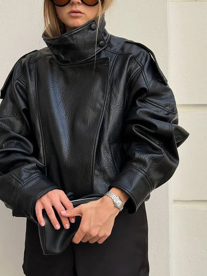 HH Street Fashion Asymmetric Leather Jacket For Women Long Sleeves Zipper With Pockets Turtleneck Autumn Retro Loose Coats