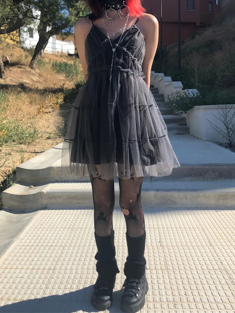 AltGoth Dark Gothic Mesh Dress Women Fairy Grunge Vintage Punk Strapless High Waist Dresses Harajuku Mall Goth Emo Alt Partywear