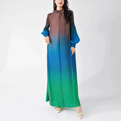 LANMREM Niche Gradient Colorblock Design Pleasted Women's Dress 2025 New Loose Chic Long Sleeve Temperament Long Dresses 2DB3396