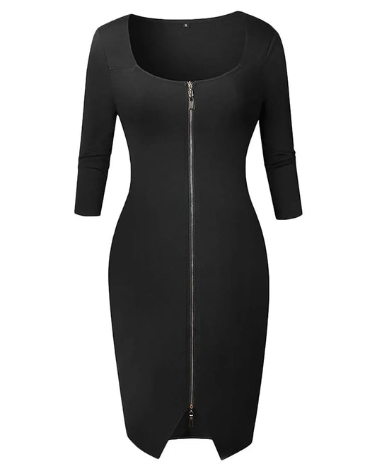 Summer Women Sexy Slim Wrap Dress Fashion Tight Skirts Square Neck Patchwork Zipper Solid Color Slim Fit Half Sleeve Party Dress