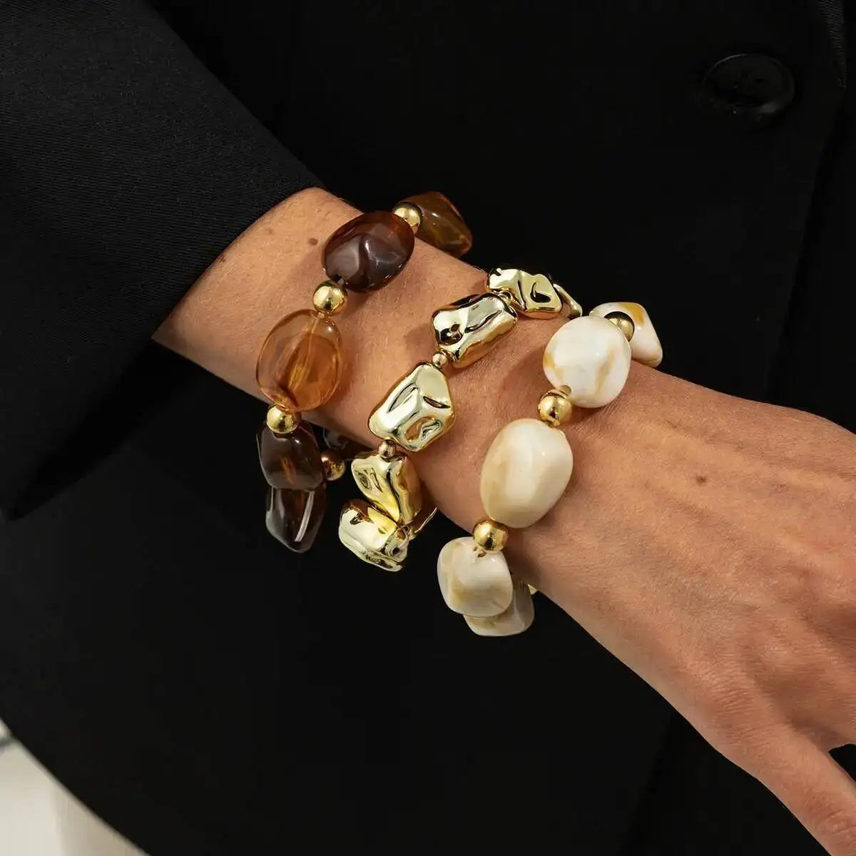 SHIXIN 3Pcs/Set Vintage Resin Acrylic Beaded Bracelets for Women Trendy Irregular Stackable Elastic Bangle Party Jewelry Gift