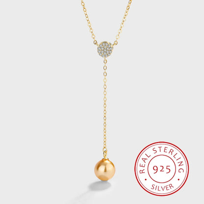 Fashionable and Creative 14K Gold Authentic S925 Silver Full Diamond Round Pendant Pearl Necklace Women's Jewelry