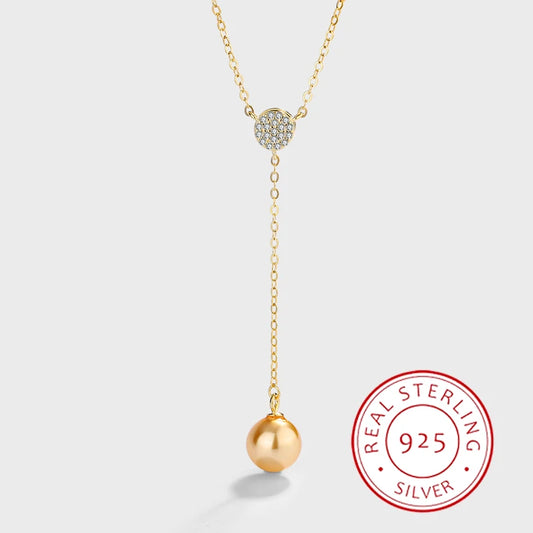Fashionable and Creative 14K Gold Authentic S925 Silver Full Diamond Round Pendant Pearl Necklace Women's Jewelry