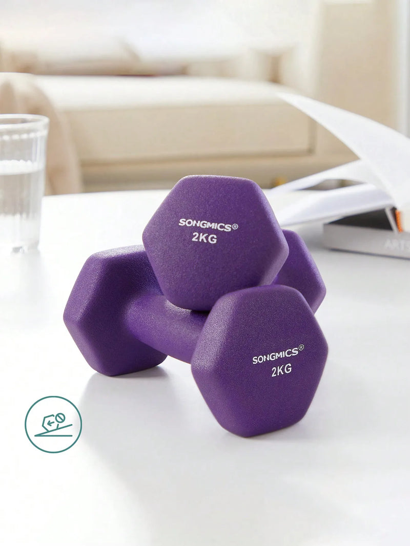 SONGMICS 2 x 2 kg Dumbbells, Neoprene Coating, Hexagonal Pair, Home Workout, Fitness Training, Purple, Ideal for Exercise