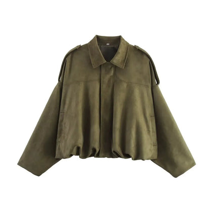 PRINTKAOIR Women's Bomber Jacket Lapel Long Sleeve Zipper Suede Jacket Women High Street Cropped Racing Jackets Coats Outerwears