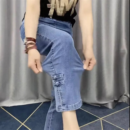 2025New Spring Autumn High Elasticity Women Jean Korean Loose Straight Ankle-Length Cowboy Pants Female Extends Denim Pants Lady