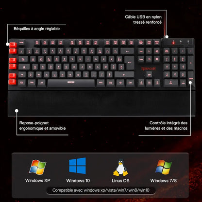 Redragon K505 Gaming Keyboard, French AZERTY, Rainbow Backlight, 26 Anti-Ghosting Keys, Wired Gaming Keyboard, Membrane Keyboard