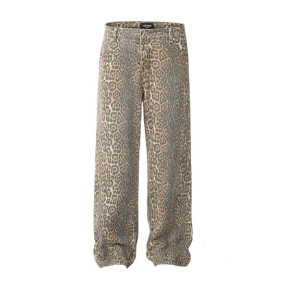Baggy Wide Leg Jeans Women High Waisted Retro Leopard Print Straight Jeans High Street Streetwear Y2k Vintage Denim Trousers
