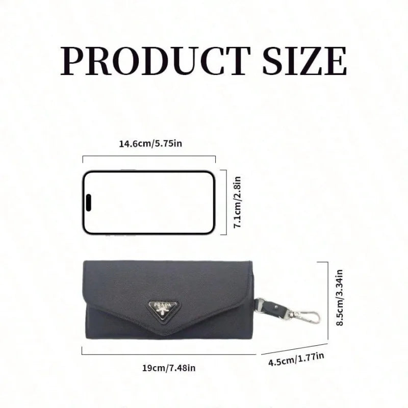Prada Black Leather Eyeglass Case Luxury Triangle Metal Logo Eyewear Storage Pouch With Detachable Keychain Soft Glasses Protect