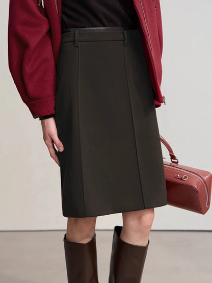 AMII Minimalist Skirts For Women 2025 Winter New Straight Solid Knit Midi Skirt Patchwork Leather Casual Woman Clothes 12524092