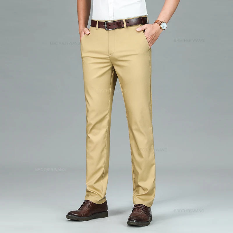 Bamboo Fiber Summer Casual Pants Men's Ultra-thin Iron-free Anti-wrinkle Loose Business Straight Elastic Trousers Brand Clothing