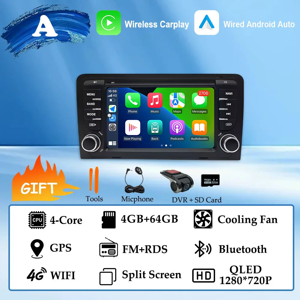 GPS Navigation 7 inch 4G Wifi Car Radio Android 16 for Audi A3 8P 2003-2011 S3 RS3 Sportback CarPlay Multimedia Player Video DSP