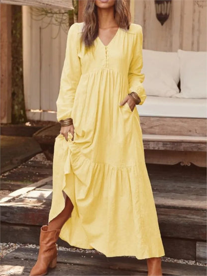 Cotton Linen Women Long Dress 2023 New Loose Fashion V-Neck Casual Solid Long Sleeve A-Line Sexy Dresses Elegant Ruffles Vestido