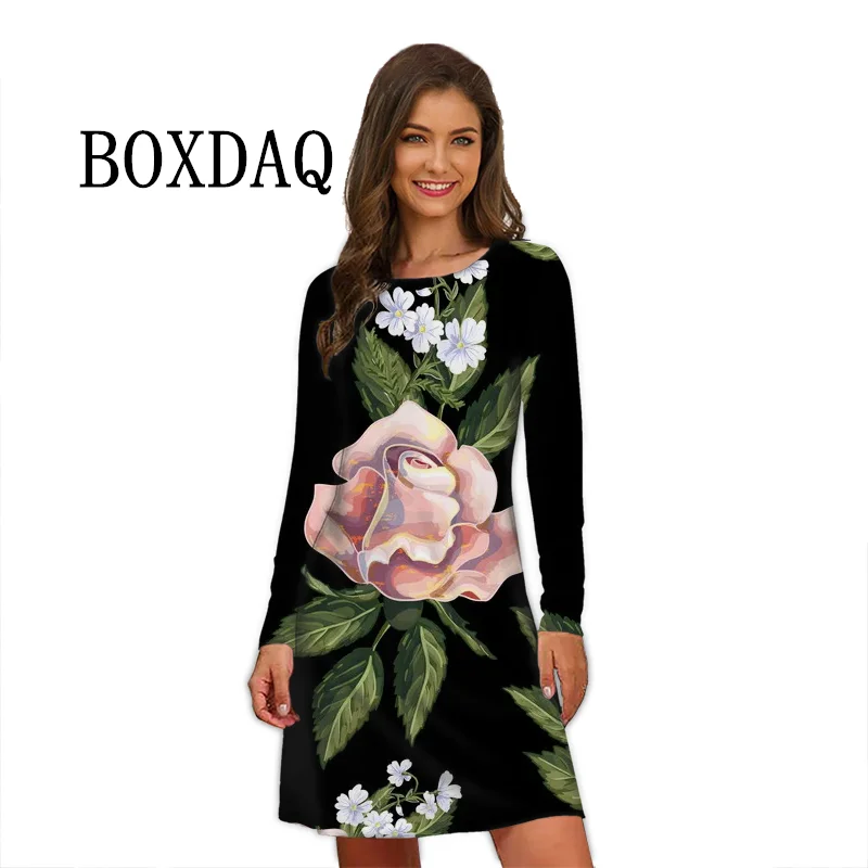Flower Power Women Dress Retro Hippie 60s Elegant Long Sleeve Loose Dress Casual Fashion Oversized Autumn Woman Print Mini Dress