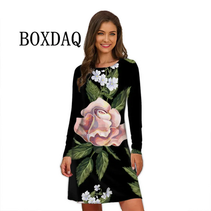 Flower Power Women Dress Retro Hippie 60s Elegant Long Sleeve Loose Dress Casual Fashion Oversized Autumn Woman Print Mini Dress