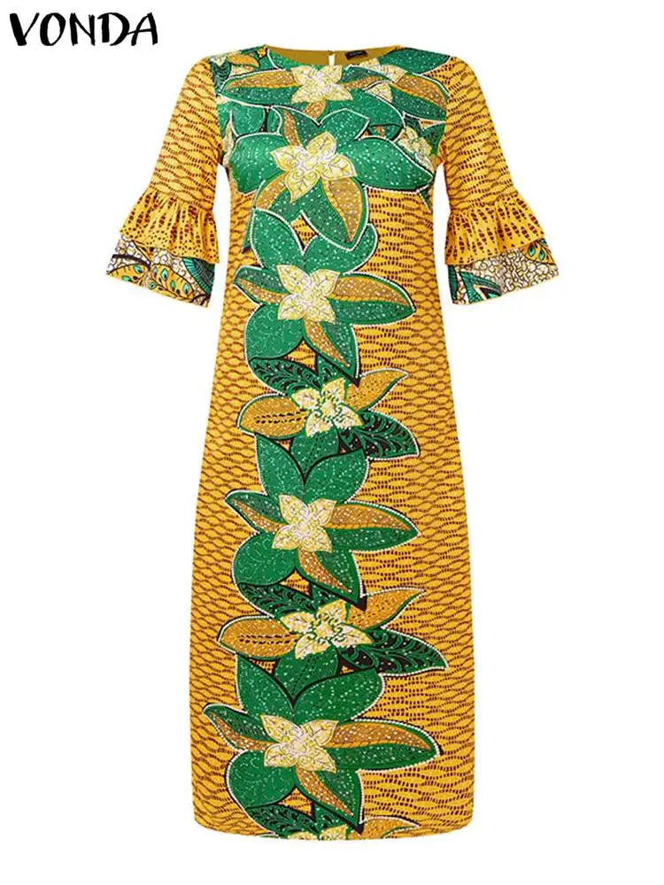VONDA 2024 Fashion Women Elegant Maxi Dress Vintage Printed 3/4 Flare Sleeve Sundress Party Long Dress Casual Vestido Loose Robe