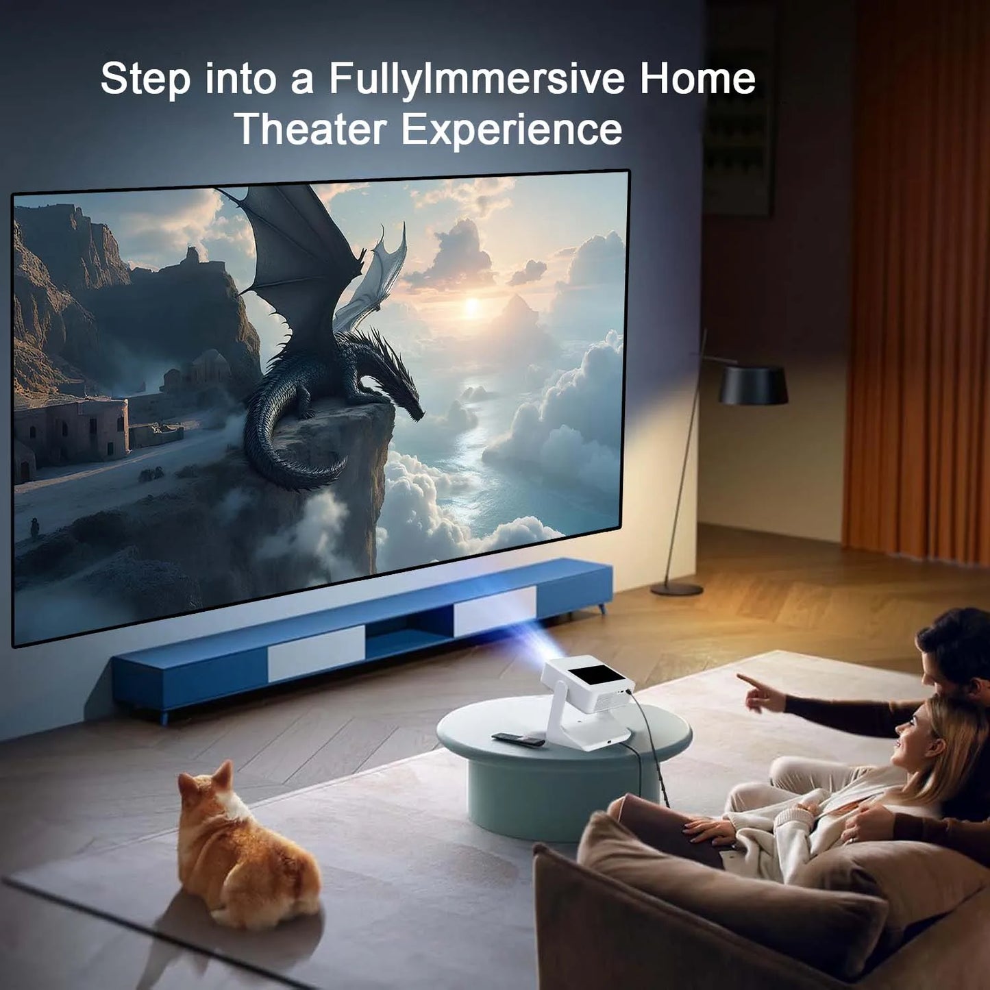 Projector 4K Portable, 8" Touch, WiFi Bluetooth, Dual Screen HDMI USB, Outdoor Movie Gaming Projector
