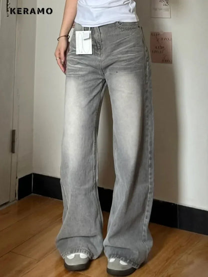 Women's Grey Vintage Jeans High Street Denim Trouser Casual Goth Pants High Waist Straight Streetwear Baggy Hosen Female  Y2K