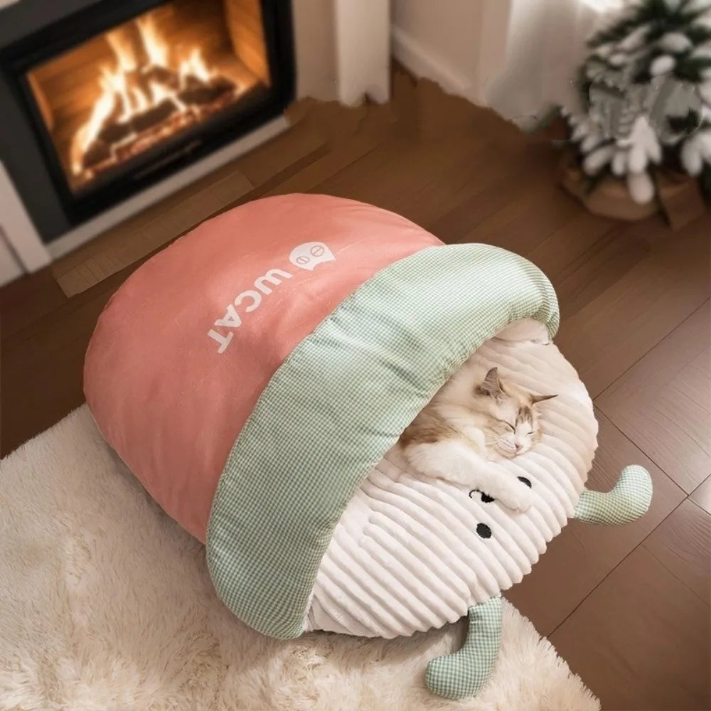 Pet Bed Cartoon 3D Cat Sleeping Bag Semi-enclosed Comfortable Tunnel Cat Nest Soft Warm Cat Mattresses Winter