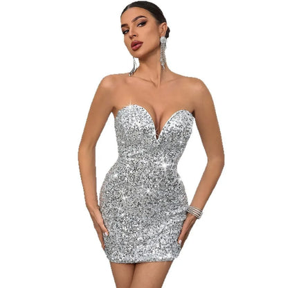 Sexy Shining Backless Short Summer Dress Sequin Birthday Club Elegant Party Evening Dresses Strapless Womens Prom Dresses XSY010