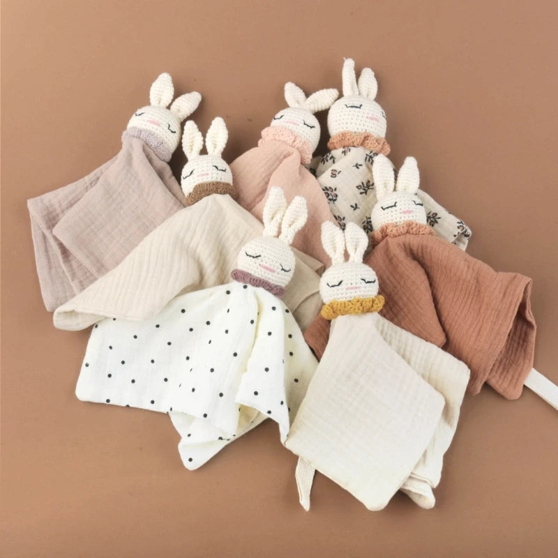 Crochet Rabbit Baby Nursing Bib Security Blanket for Boys Girl Breathable Soother Towel Infant Mood Soothing Drool Bib