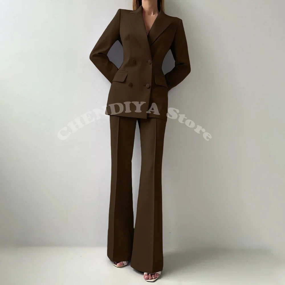 Women Suits Sets 2 Piece Elegant Peak Lapel Double Breasted Outfits Fashion Daily Casual Chic Female Suit (Jacket+Pants)