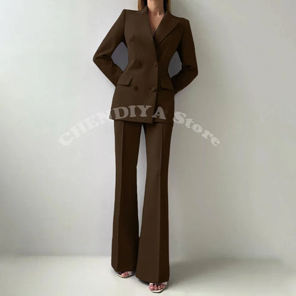 Women Suits Sets 2 Piece Elegant Peak Lapel Double Breasted Outfits Fashion Daily Casual Chic Female Suit (Jacket+Pants)