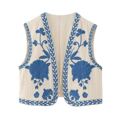 Women's Vintage Floral Embroidered Open Waist Coat Casual Vacation Crop Top National Style Vest Jacket for Ladies