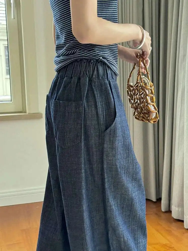 [LANMREM] Vintage Elastic High Waist Jeans For Women Straight Wide Leg Denim Pants Sunscreen Trousers 2025 Summer New 26D9421