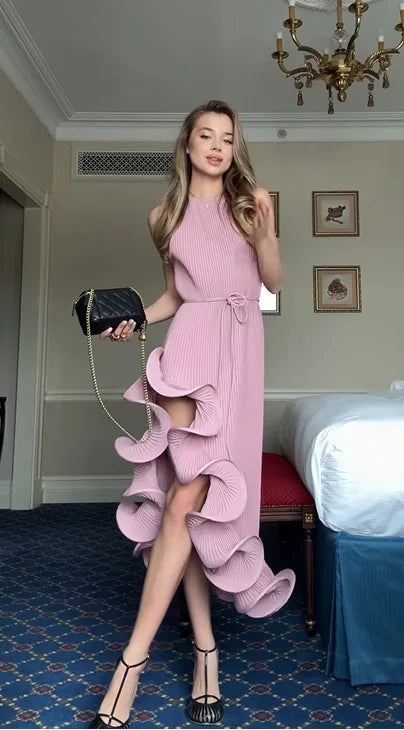 Fashion Ruffle Hem Short Dress For Women Halter Sleeveless Irregular Lace Up Slip Robe 2025 Summer Elegant Female Beach Dresses