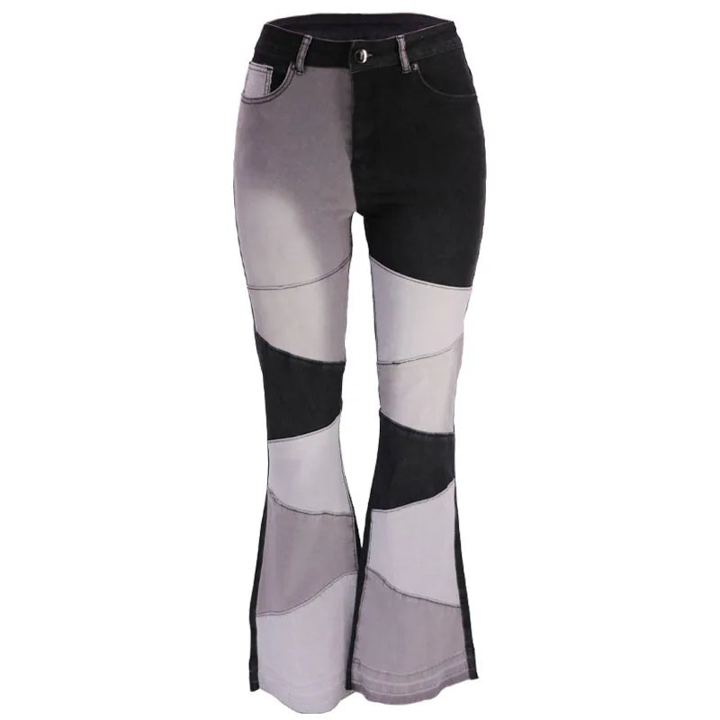 Women Flare Jeans Casual Pants Pannelled Collision Fashional High Waist Fit Female High Quality 91Y35