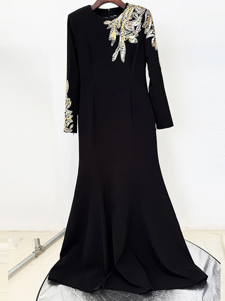 DEAT Elegant Dress O-neck Embroidered Flares Patchwork Long Sleeve Women's Evening Party Dresses 2026 Spring New Fashion 35Z3686