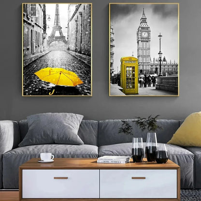 Black and White Europe Landscape Picture Home Decor Nordic Canvas Painting Wall Art Yellow Scenery Posters for Living Room Decor