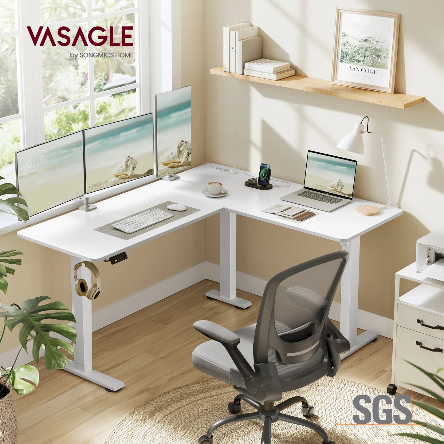 Electric Height Adjustable Desk, 140 x 160 cm, with Power Strip, 2 Height Memory Function, Cloud White/Rustic Brown