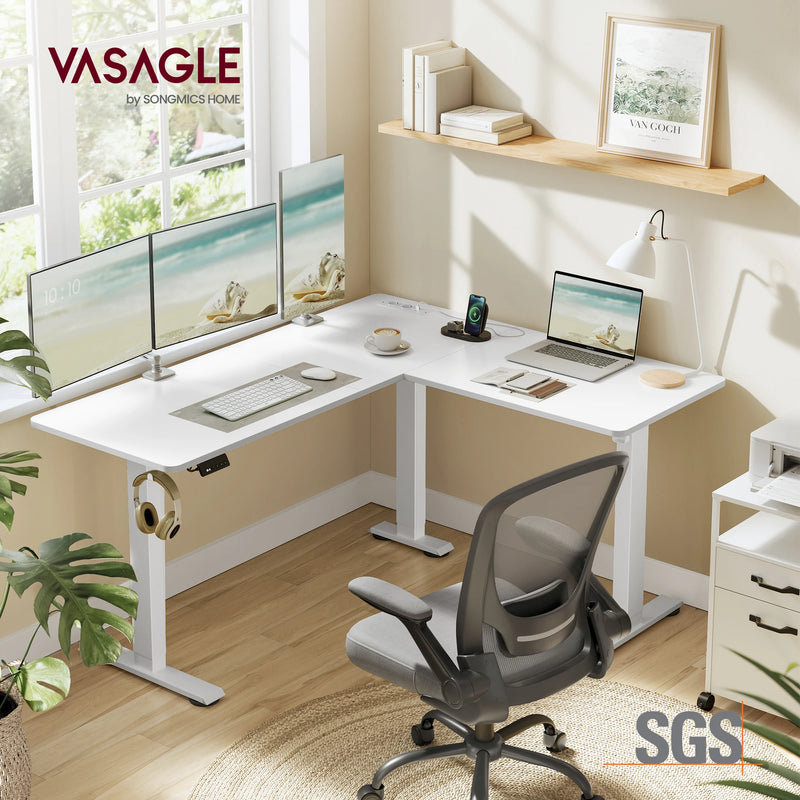 Electric Height Adjustable Desk, 140 x 160 cm, with Power Strip, 2 Height Memory Function, Cloud White/Rustic Brown