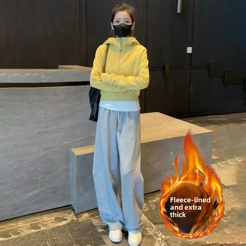 Korean Sle Winter New All-Match Hooded Zipper ort Sweatirt Jaet Thiened Fce Warm Casual Pants Set