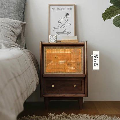 Rattan Weaving Bedroom Furniture, Bedside Table, Multifunctional Small Side Storage Cabinet, Solid Wood Night Stand Customized