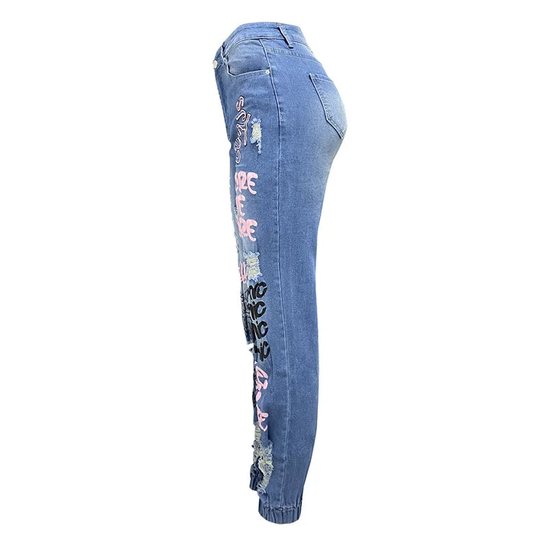 Women Trend Letter Print Pencil Jeans Stretch Drawstring Trousers Slim Denim Pants Female Fashion Casual Broken Holes Streetwear