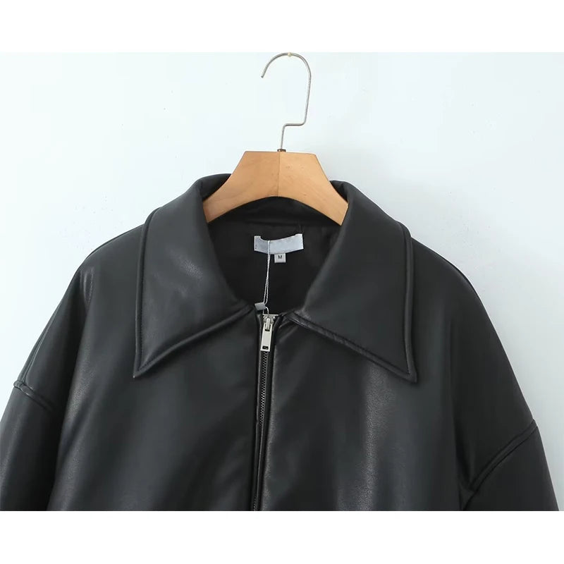 YENKYE Women Black Coffee Faux Leather Jacket Coat Long Sleeve Zipper Motorcycle Outerwear Female Autumn Winter Warm Coat Short