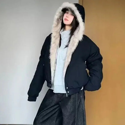 Autumn Winter Warm Plus Velvet Jacket Women American Vintage Hooded Short Outwear Female Casual Loose Plush Neck Cotton Coat