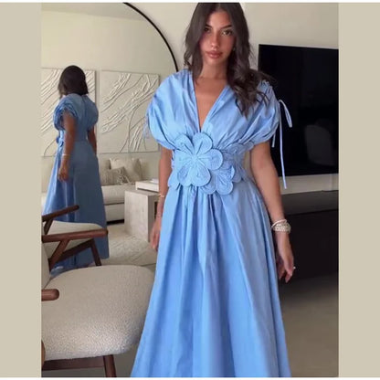 Elegant 3D Flower Solid Pleated Long Dress Women Chic V Neck Short Sleeved Drawstring Lace Up Robes Summer Lady Fashion Dresses