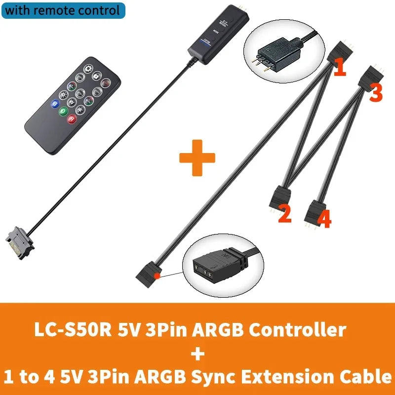 TEUCER  LC-S60 ARGB Controller Cable 5V 3PIN to SATA Interface Extension Controller with Remote Control for PC Cooling Fan