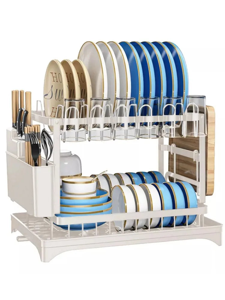 2-Tier Dishs Drying Rack - Rustproof Multifunctional Dish Racks with Drainboard, Space-Saving Design, Utensil & Cup Holder