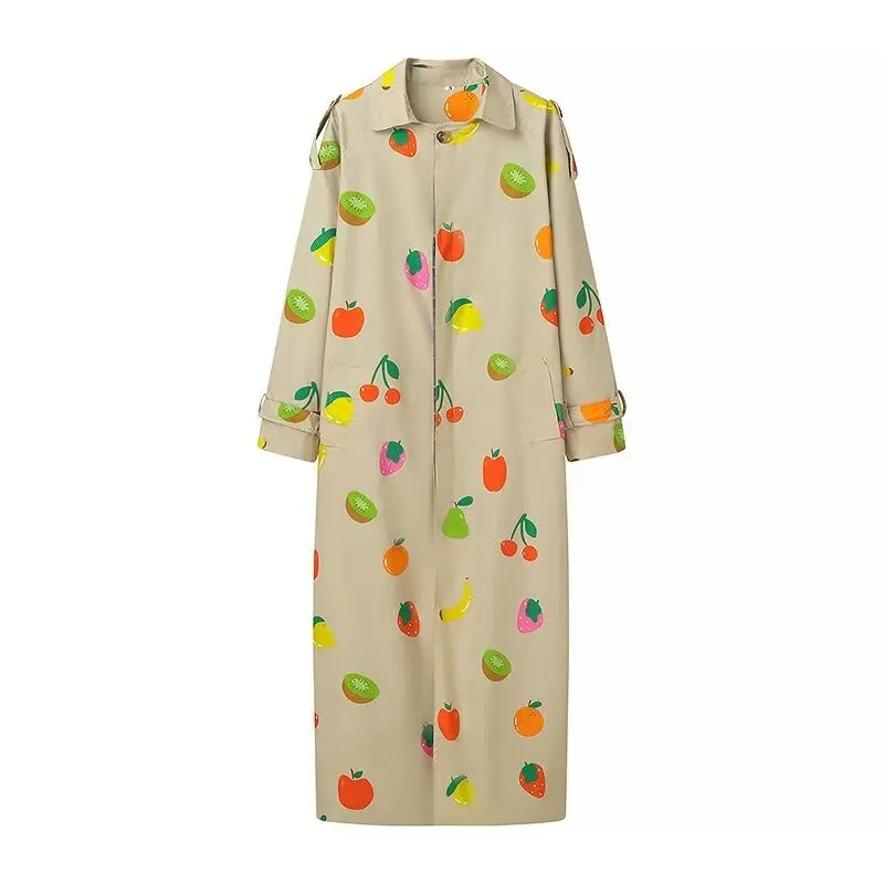 Fruit Pattern Print Wind Coat Single Breasted Turn-down Collar Long Coat Fashion Pocket Trench Coat 2025 Spring Lady Outerwear
