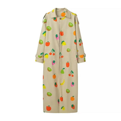 Fruit Pattern Print Wind Coat Single Breasted Turn-down Collar Long Coat Fashion Pocket Trench Coat 2025 Spring Lady Outerwear