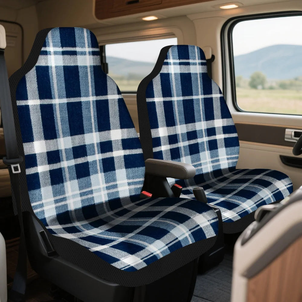 Set Of 2 Universal Car Seat Covers In Blue And White Plaid Design Suitable For Most Vehicles – Fashionable, Long-Lasting, Premiu